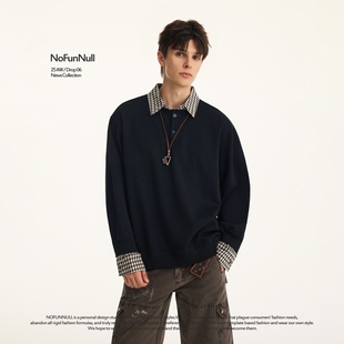 T恤 vibe高质翻领格纹长袖 NOFUNNULL美式 街头假两件撞色卫衣男秋季