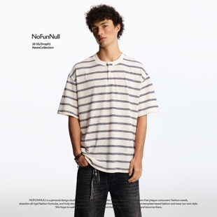 NOFUNNULL美式 T恤男女夏季 休闲半开衫 体恤潮 莱赛尔亨利领条纹短袖