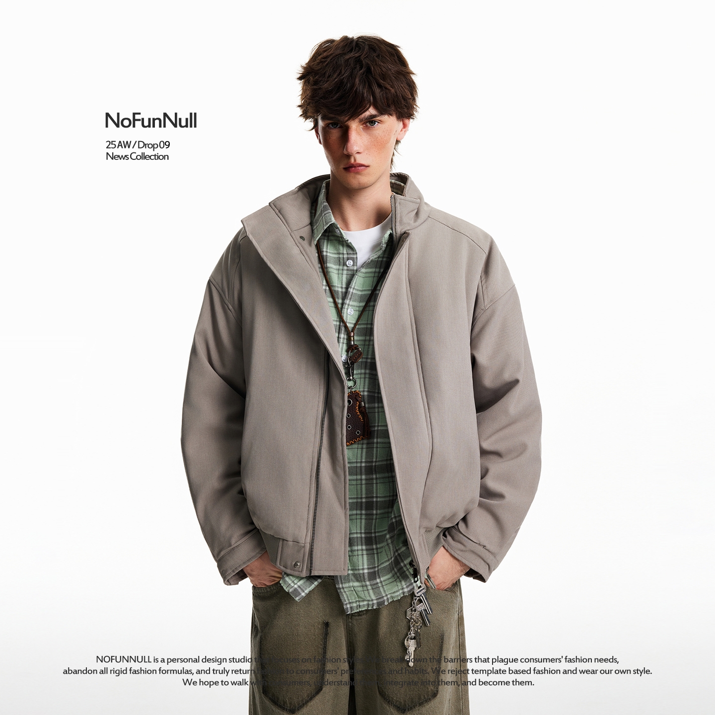 NOFUNNULL美式纯色工装立领棉服