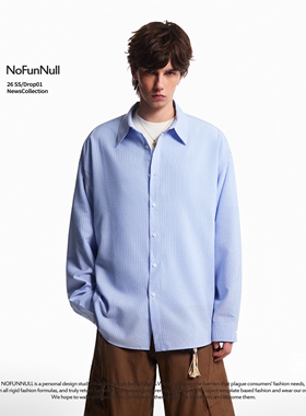 NOFUNNULL 美式复古翻领竖条纹长袖衬衫春季男女休闲宽松开衫衬衣