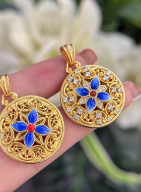 s925银镀金珐琅彩吊坠项链女新中式镂空洋气锁骨链吊坠