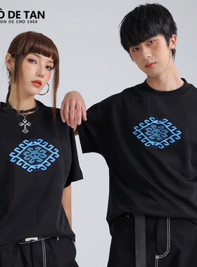 SHUODETAN西兰卡普民族风绣花圆领棉质男女情侣质感宽松短袖T恤
