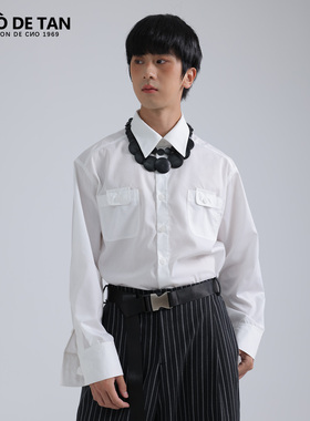 SHUODETAN纯棉宽松多口袋白色超长袖休闲落肩男女潮牌喇叭袖衬衫