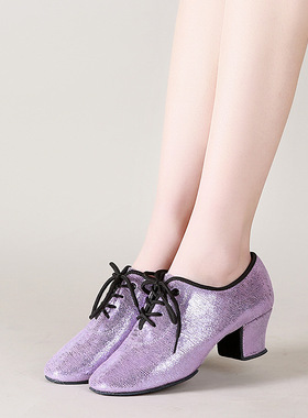 紫色牛皮拉丁舞鞋新款女教师交谊舞潮流广场舞现代舞舒适摩登舞鞋