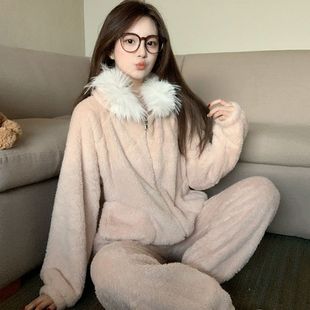 减龄长毛绒睡衣女秋冬新款软糯绒毛连帽拉链纯色可外穿家居服套装