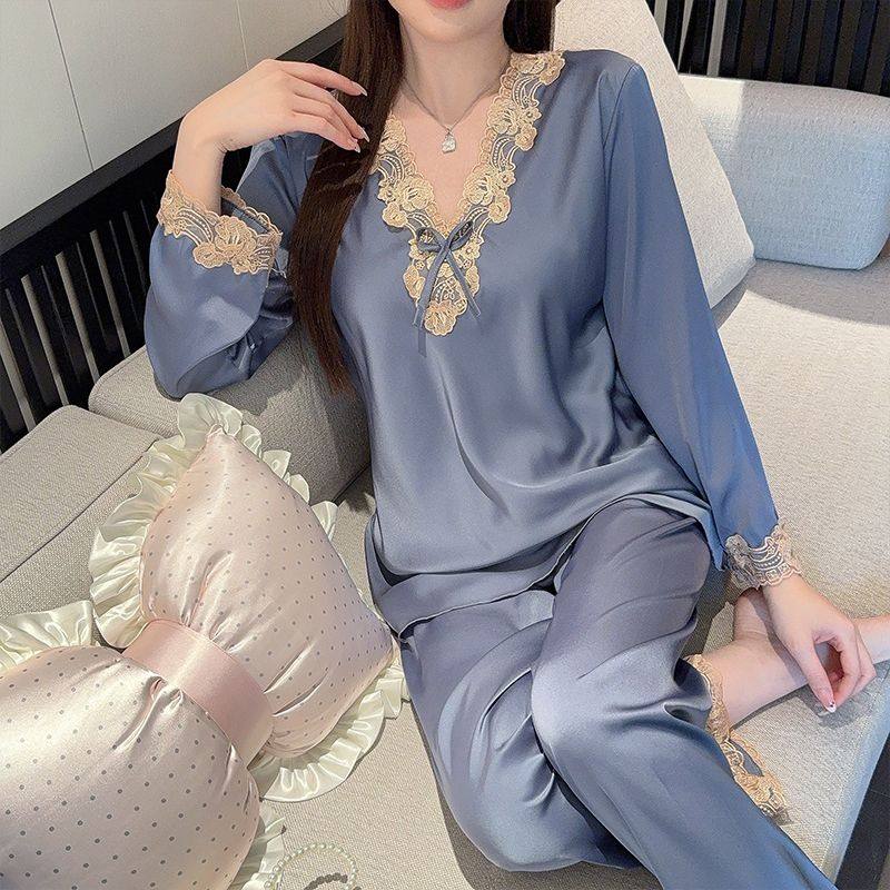 V领冰丝睡衣女春秋季绣花长袖长裤两件套装薄款丝绸高级感家居服,女士内衣/男士内衣/家居服,睡衣/家居服套装,淘宝优惠券,粉丝福利购,淘宝优惠卷