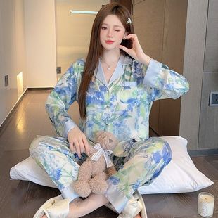 冰丝睡衣女可爱性感春秋长袖 休闲套装 2025新款 开衫 可外穿夏季 薄款