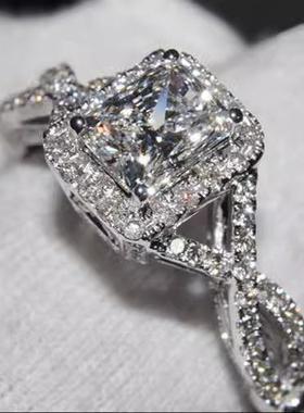 纯银925镀18K白金公主女王戒指方钻扭臂微镶锆石女款女式钻戒指环