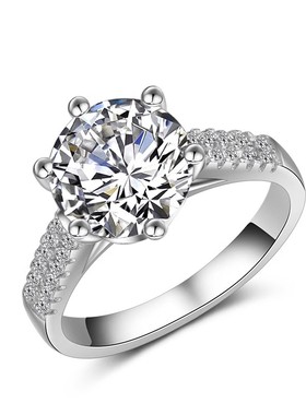 925纯银六爪仿真钻戒女款2克拉超大钻气质群镶锆石简约戒指女饰品