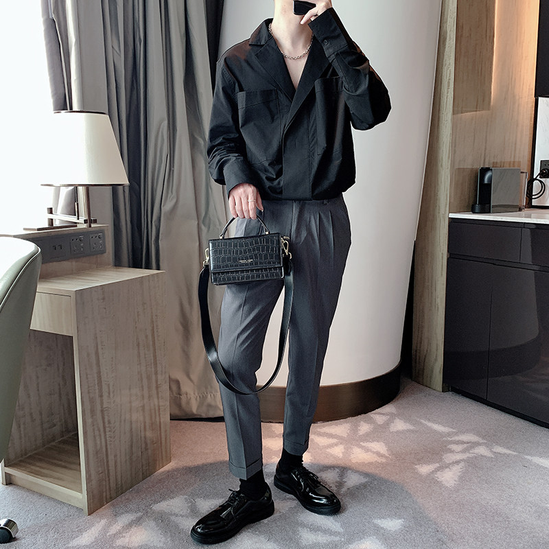 纯色百搭双层西装领衬衫男长袖微松网红棉感衬衣A369-CS2021,男装衬衫,电商B267