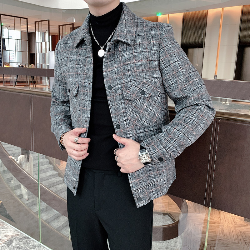 ins秋冬季格子呢料外套男韩版修身大衣短款夹克A369-8002,男装毛呢大衣,电商B267