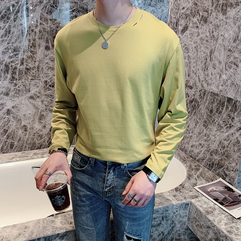 纯色T恤男潮上衣牌ins宽松潮流破洞长袖t恤A369-T,男装T恤,电商B267