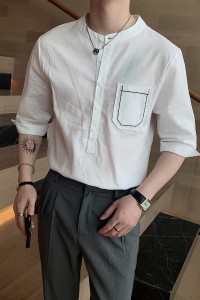 夏季五分袖亚麻休闲韩版衬衫男立领潮流棉麻中袖A369-CS030图片