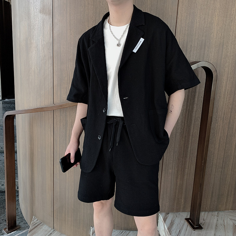 夏季韩版宽松网红休闲华夫格短袖西服男纯色套装B267-TZ109,男装西服套装,电商B267