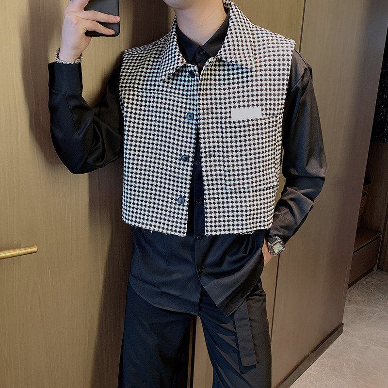 千鸟格短款马甲男高级感小众背心痞帅无袖背心外套潮B,男装背心/马甲,电商B267