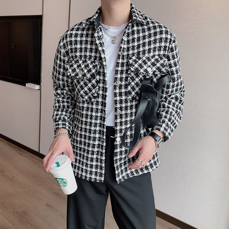 秋季韩版微松编织面料小香风格子毛边长袖衬衫男外套潮CS632,男装夹克,电商B267