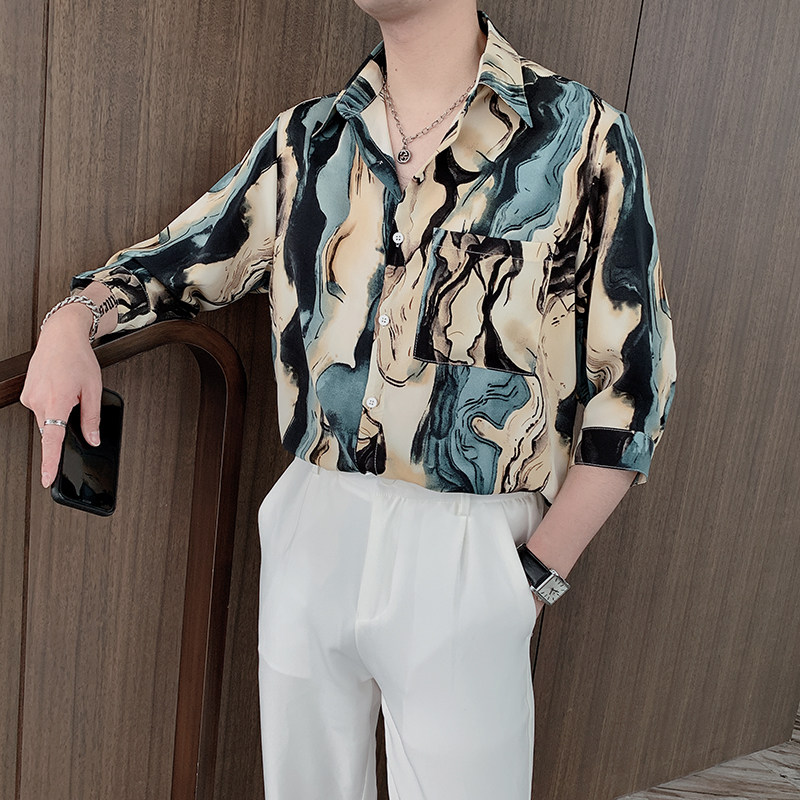 夏季新款网红痞帅中袖花衬衫轻奢七分袖衬衣ins潮男宽松CS292-P55,男装衬衫,电商B267
