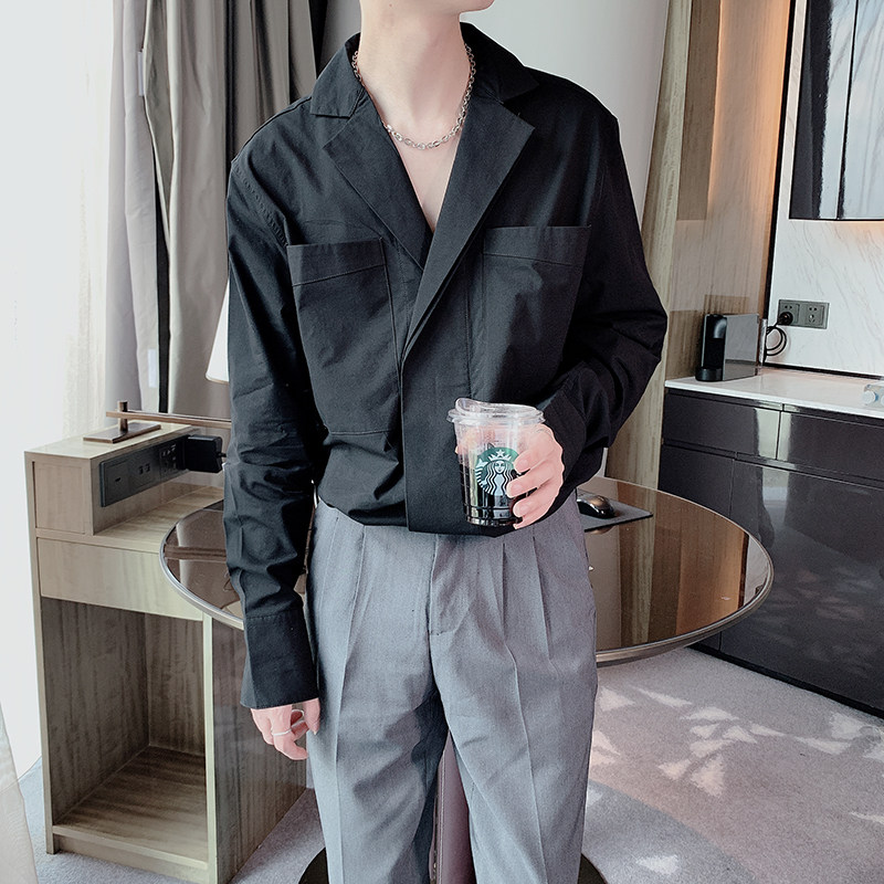 纯色百搭双层西装领衬衫男长袖微松网红棉感衬衣A369-CS2021,男装衬衫,电商B267