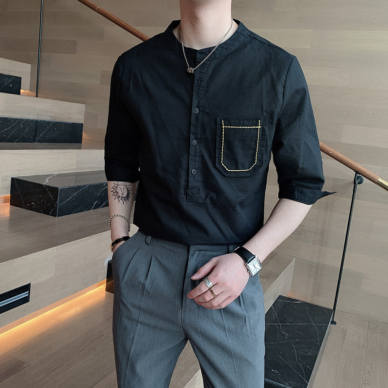 夏季五分袖亚麻休闲韩版衬衫男立领潮流棉麻中袖A369-CS030,男装衬衫,电商B267