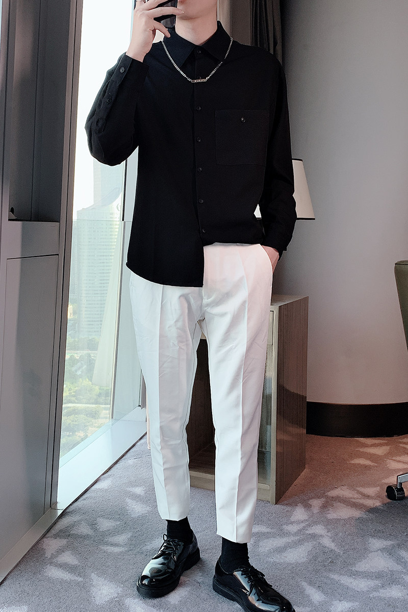 秋装新款男士长袖衬衫宽松英伦纯色铁链衬衣男潮A369-CS20072,男装衬衫,电商B267
