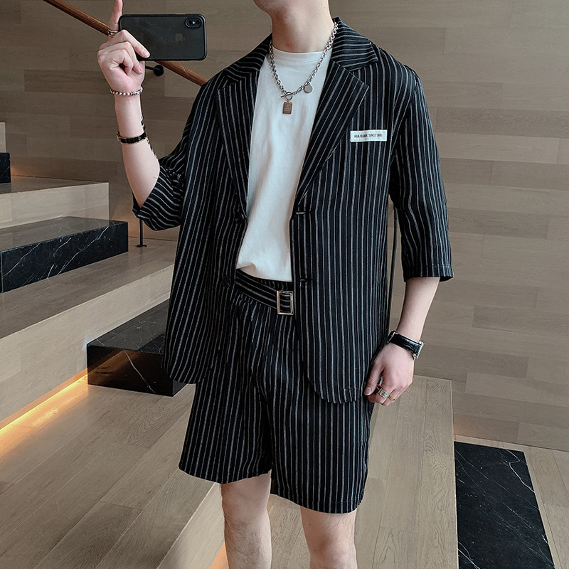 夏季韩版男士痞帅潮流宽松条纹短袖西服短裤套装A369-TZ006,男装西服套装,电商B267