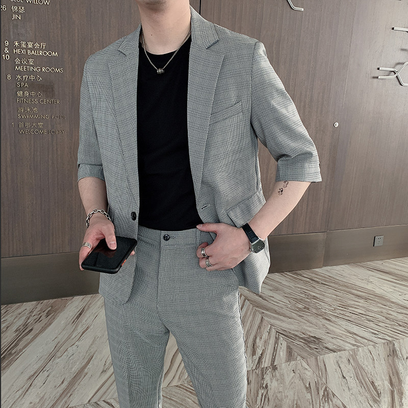 中袖西服套装男夏季修身千鸟格休闲西装两件套西装套装TZ62,男装西服套装,电商B267