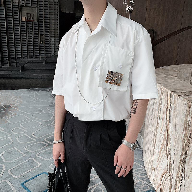 夏季红高级感小众短袖衬衫男金属装饰设计衬衣男CS293,男装衬衫,电商B267