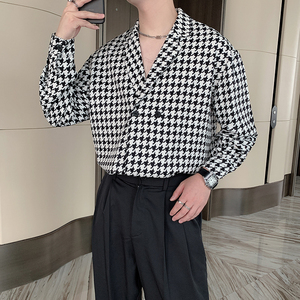 秋季潮男小众设计高级感千鸟格网红长袖痞帅衬衫男B267-CS615图片