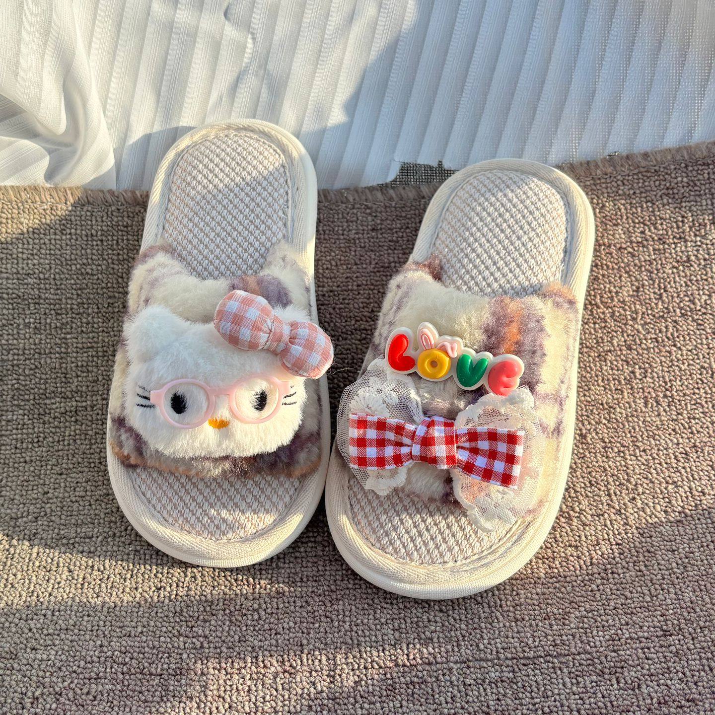 女童可爱春秋亚麻拖鞋儿童四季棉麻室内防滑透气女孩蝴蝶结亲子拖