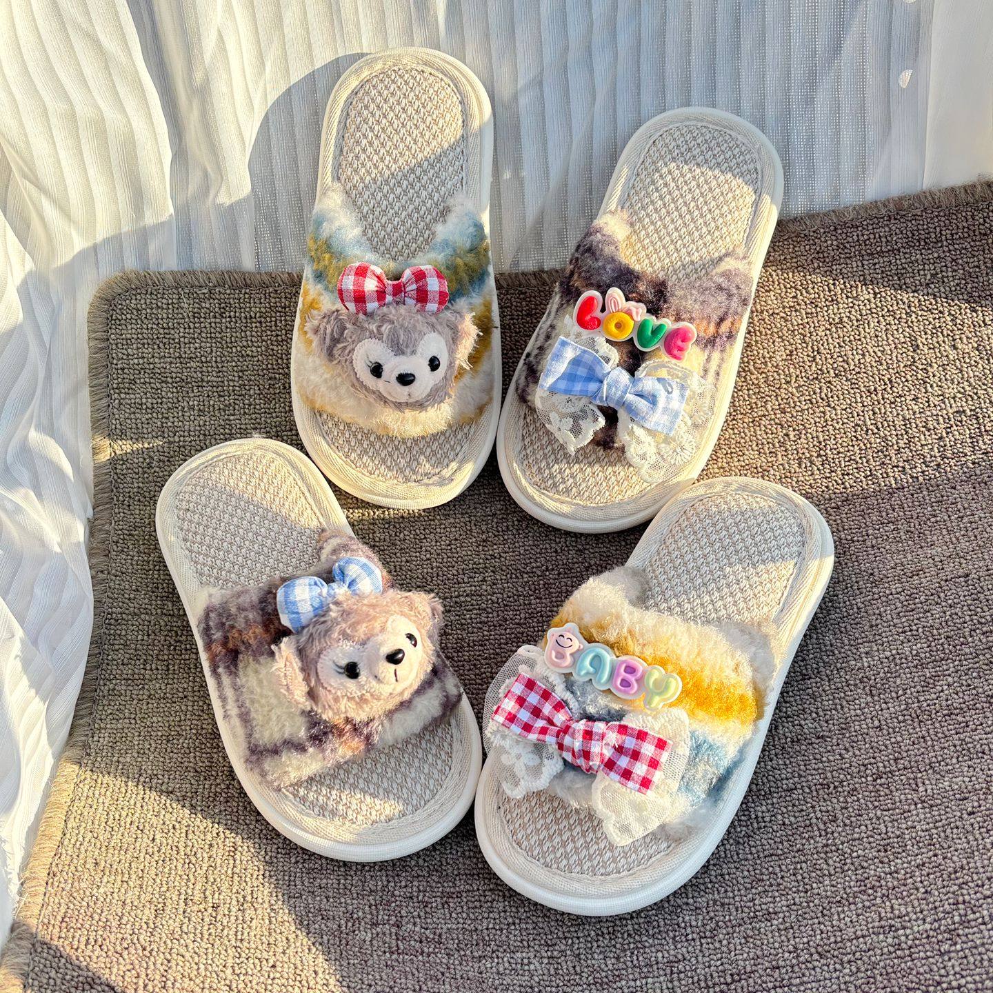 女童卡通可爱蝴蝶结春秋亚麻拖鞋儿童室内居家女孩四季棉麻亲子拖