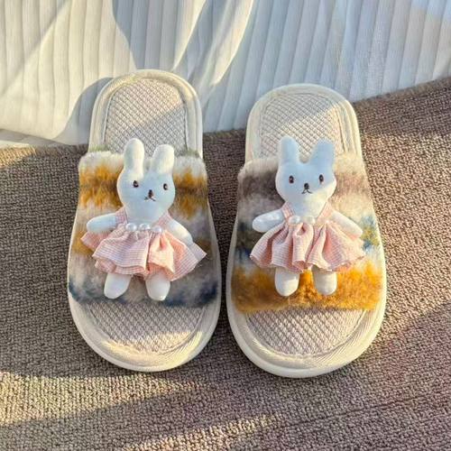 女童春季亚麻拖鞋儿童室内居家防滑棉麻透气女孩卡通可爱亲子拖鞋