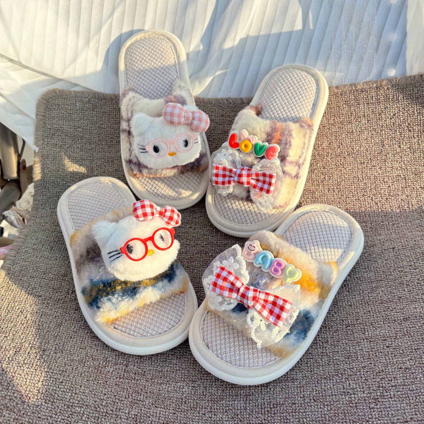 儿童亚麻拖鞋女童2026新款春秋季室内防滑女孩中大童亲子宝宝棉麻