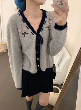 Fanny of Fun立体刺绣花朵明线系带羊毛针织开衫秋季韩系百搭女
