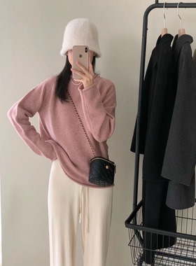 Fanny of Fun早春慵懒风洋气圆领宽松套头保暖全羊毛粉嫩长袖毛衣
