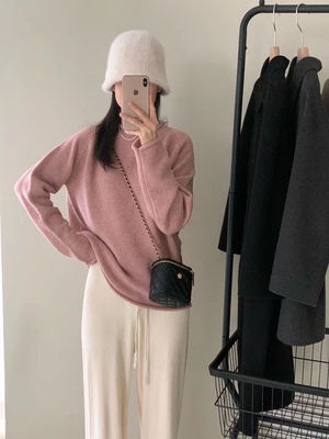 Fanny of Fun早春慵懒风洋气圆领宽松套头保暖全羊毛粉嫩长袖毛衣