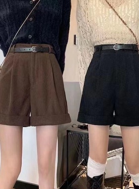 早春韩版复古高腰网红显瘦灯芯绒坑条纹百搭休闲小a字短裤