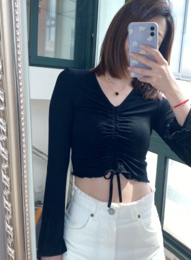 早秋韩版纯欲修身显瘦棉青春系带抽绳薄款纯色长袖针织衫