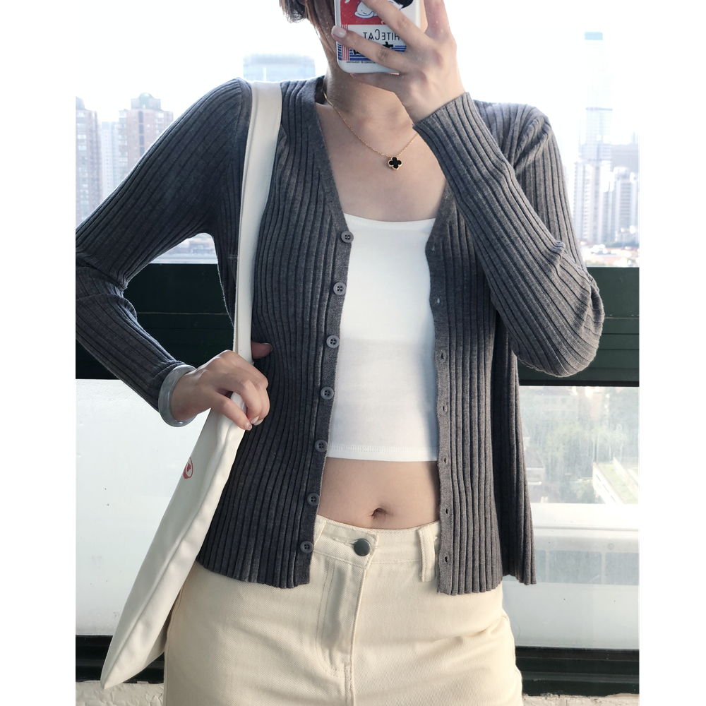 早春韩版净色打底慵懒风休闲V领坑条毛衣修身针织羊毛开衫
