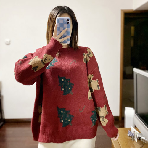 Fanny of Fun圣诞约会氛围感饼干熊卡通保暖圆领长袖慵懒风毛衣