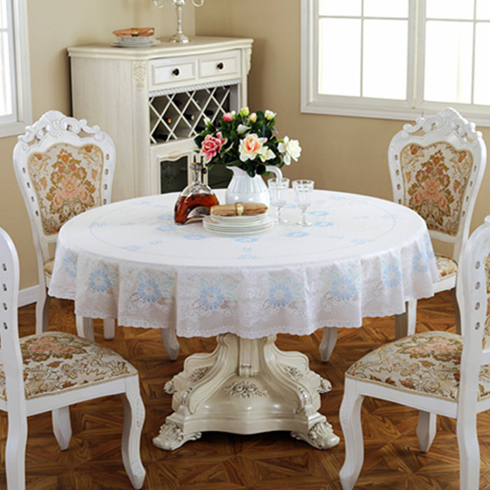 圆形餐桌布田园PVC蕾丝盖布防水免洗现代简约白色压花中式台布