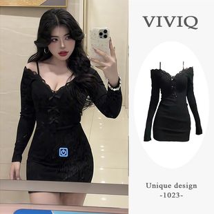 纯欲风黑色蕾丝花边连衣裙女装 性感收腰蝴蝶结包臀裙 秋季