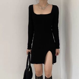 高腰黑色辣妹开叉包臀短裙子女士秋季法式显瘦气质方领长袖连衣裙