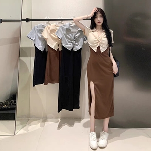 甜辣bm风连衣裙女绑带2023夏新显瘦开叉假两件设计感polo领辣妹裙