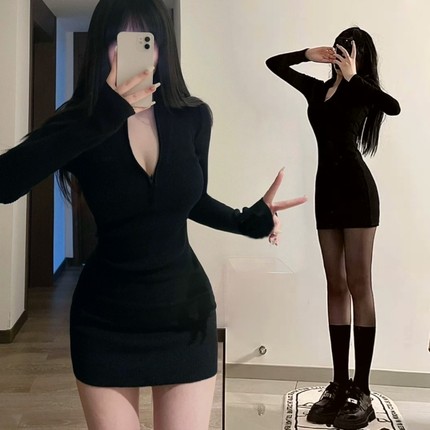 连衣裙女秋冬黑色辣妹长袖弹力拉链紧身打底短裙纯欲辣妹包臀裙子