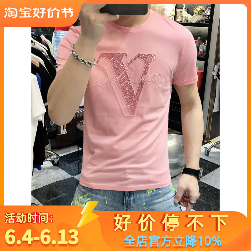 欧货潮牌亮片刺绣丝光棉短袖t恤男夏季潮流个性字母帅气冰丝半袖