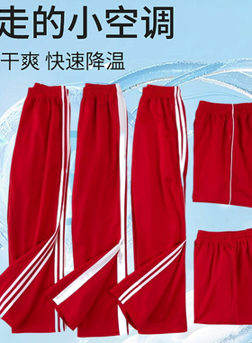红色校服裤夏季薄款冰丝速干直筒裤宽松一二三道杠白条男女生同款