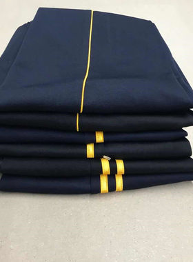 春夏秋季男女学生加肥加大定制特体肥胖生蓝色校服裤子两道杠黄条