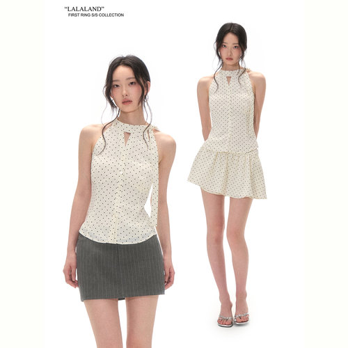 First Ring 白底黑波点露肩挂脖背心女系带设计修身无袖短上衣