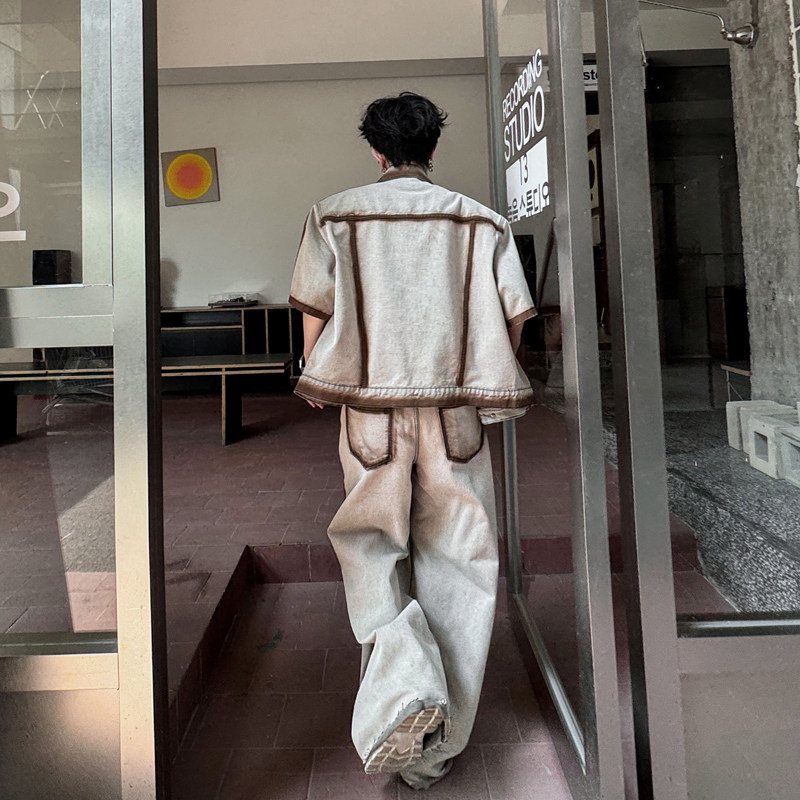 여름 복고풍 황무지 스타일 손으로 그린 ????컬러 차단 데님 반팔 재킷 정장 남성용 와이드 레그 바지 스트리트 투피스 세트