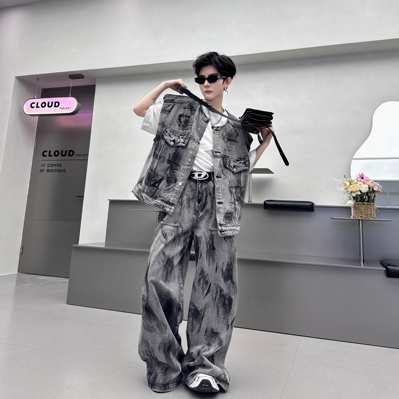 한국 복고풍 손으로 그린 ????어깨 패드 데님 조끼 정장 남자 디자인 넓은 다리 바지 거리 투피스 세트